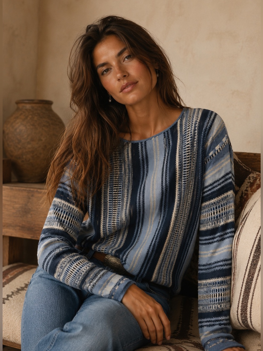 Ralph Lauren Chaps 90’s Boho Blue Indian Blanket Sweater Southwestern Cozy L